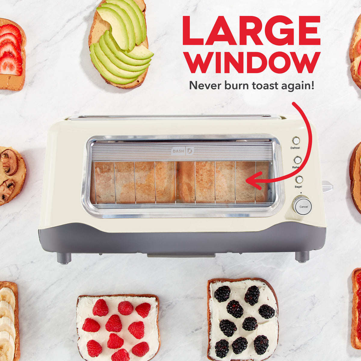 Cream and gray toaster with wide transparent window showing two slices of toast inside, control knobs on right side.