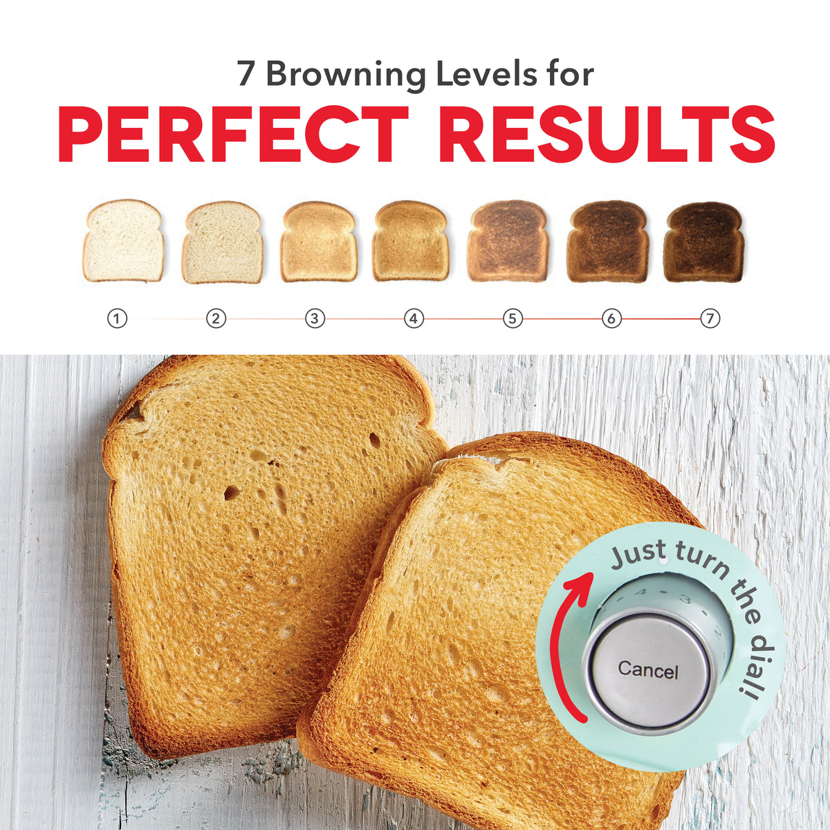 Two slices of golden-brown toast on white wooden surface with browning level guide showing seven stages from light to dark.
