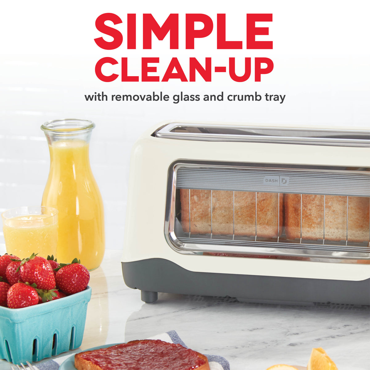 White and gray toaster with clear glass panel showing two slices of toasted bread inside.