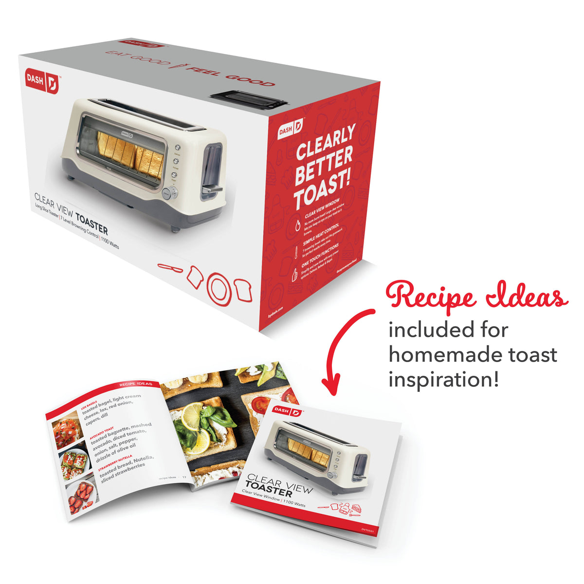 Cream and gray toaster with clear viewing window showing golden toast slots, displayed with red and white packaging and recip