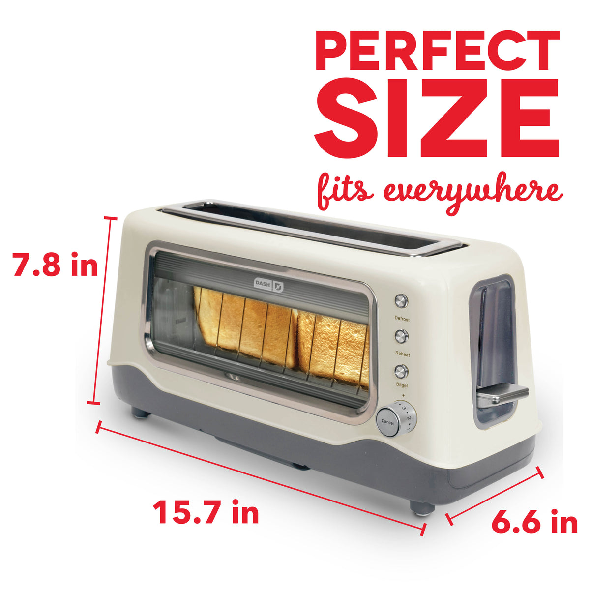 Cream and gray toaster with transparent window displaying four slices of toasted bread inside.