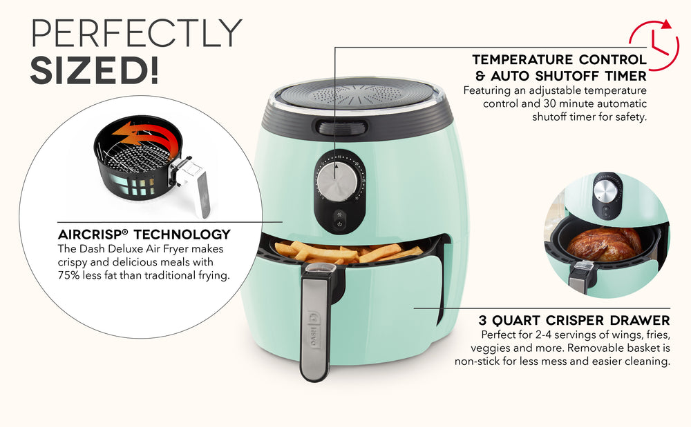 Dash Deluxe Electric Air Fryer + Oven Cooker with Temperature  Control, Non-stick Fry Basket, Recipe Guide + Auto Shut off Feature,  1200-Watt, 3 Quart - Black : Home & Kitchen