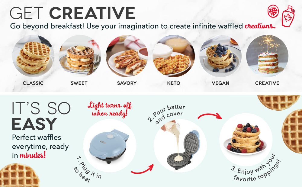 Get creative with infinite waffle creations from classic to sweet, savory keto, vegan, and more. In 3 easy steps, waffles are ready in minutes.