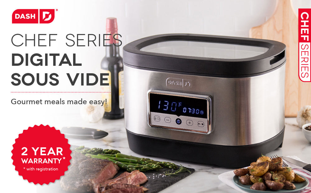 Chef Series Digital Sous Vide shown next to an easy gourmet meal of steak, asparagus, and potatoes.