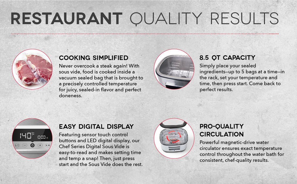 The Digital Series Sous Vide Bath creates restaurant quality results. Vacuum sealed bags brought to precisely controlled temperatures cooks steaks perfectly. Also features an easy digital display, 8.5 quart capacity, and pro-quality circulation.