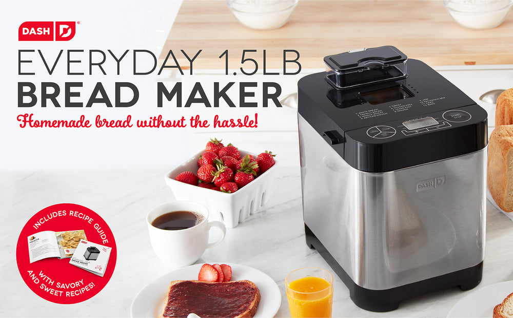 The Everyday Bread Maker makes bread without the hassle. The Bread Maker on a countertop sits next to a breakfast bread with jelly and a side of juice, and coffee.