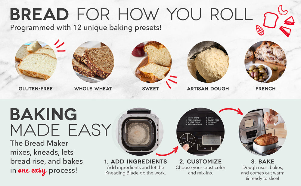 Programmed with 12 baking presets to make gluten-free, whole wheat, sweet, artisan dough, french bread, and more. The 3 easy steps are add ingredients, customize, and bake. 