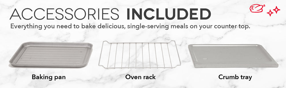 Accessories include a baking pan, oven rack, and crumb tray.