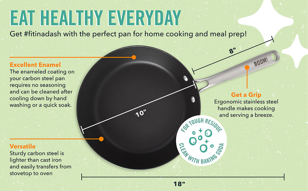 Features of the Carbon Steel Fry Pan include an enamel coating, sturdy versatile carbon steel, and an ergonomic stainless steel handle.