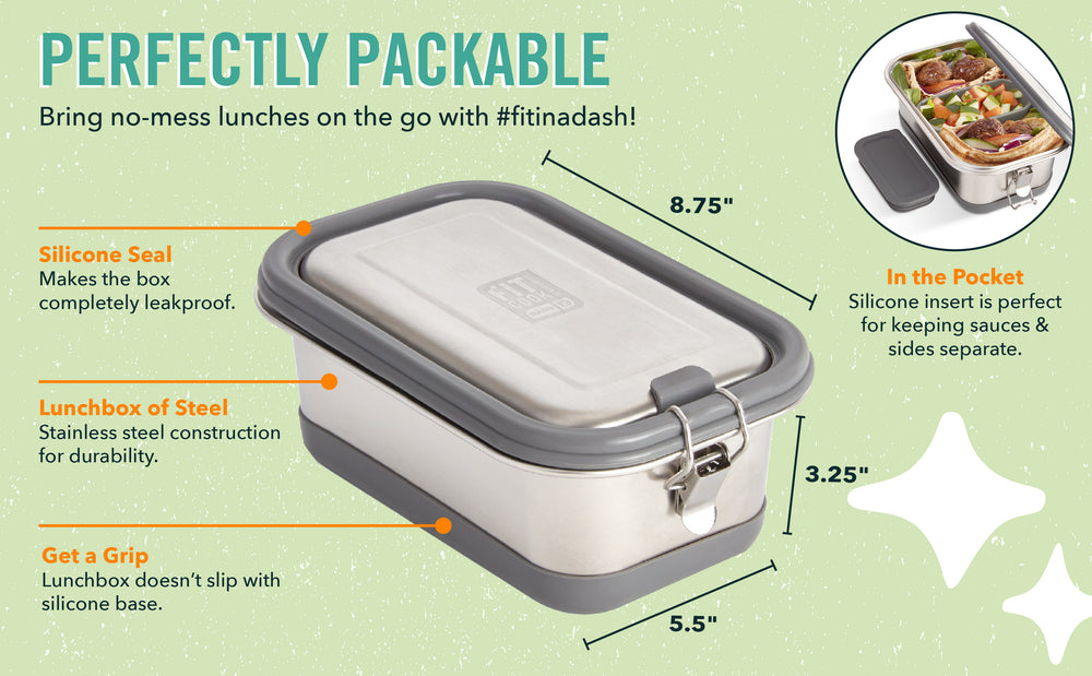 Perfectly packable steel lunchbox with a silicone seal, base, and insert.