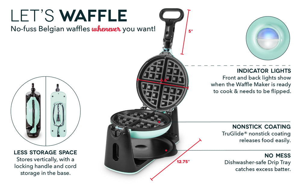 Features of the Flip Belgian Waffle maker include indicator light, nonstick surfaces, no mess drip tray, and vertical storage.