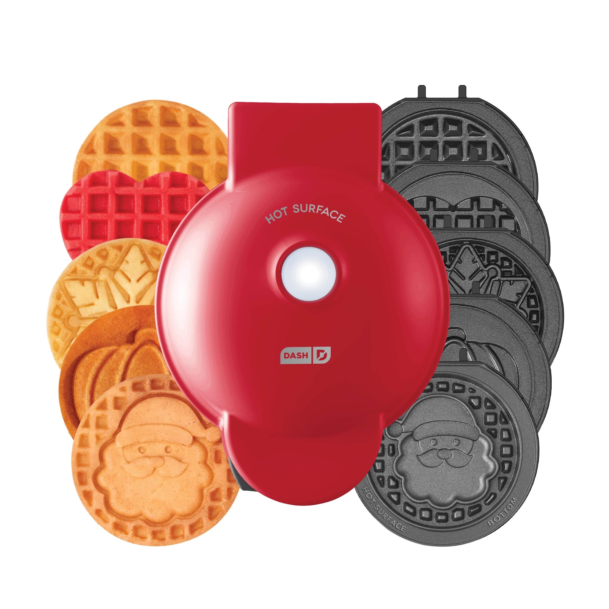 Red waffle maker with interchangeable festive plates and patterned waffles.