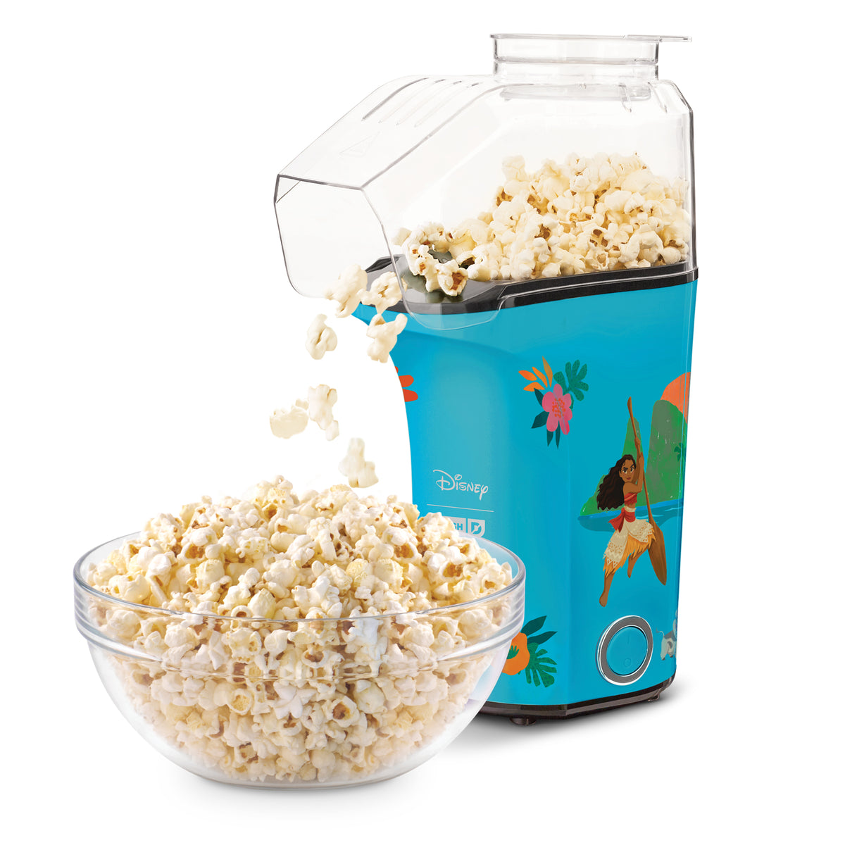 Turquoise popcorn maker with Disney characters dispensing popcorn into a clear bowl below.