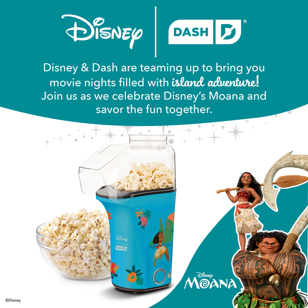Turquoise popcorn maker with Disney Moana characters and clear popping chamber, accompanied by a full bowl of popped popcorn.