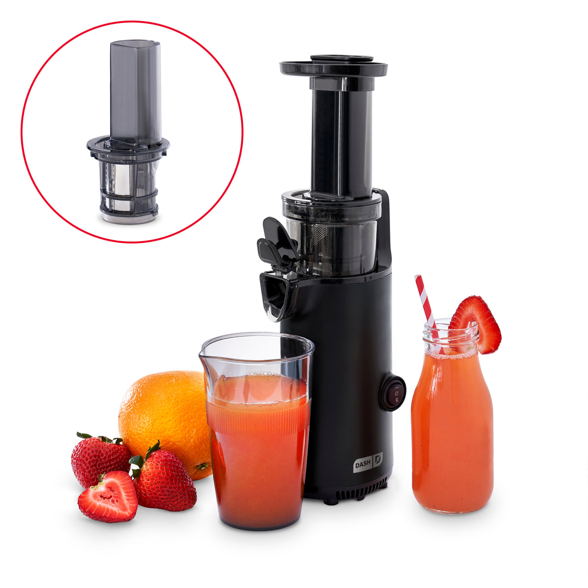 Black compact juicer with tall cylindrical design, shown with fresh strawberries, oranges, and two glasses of red juice.