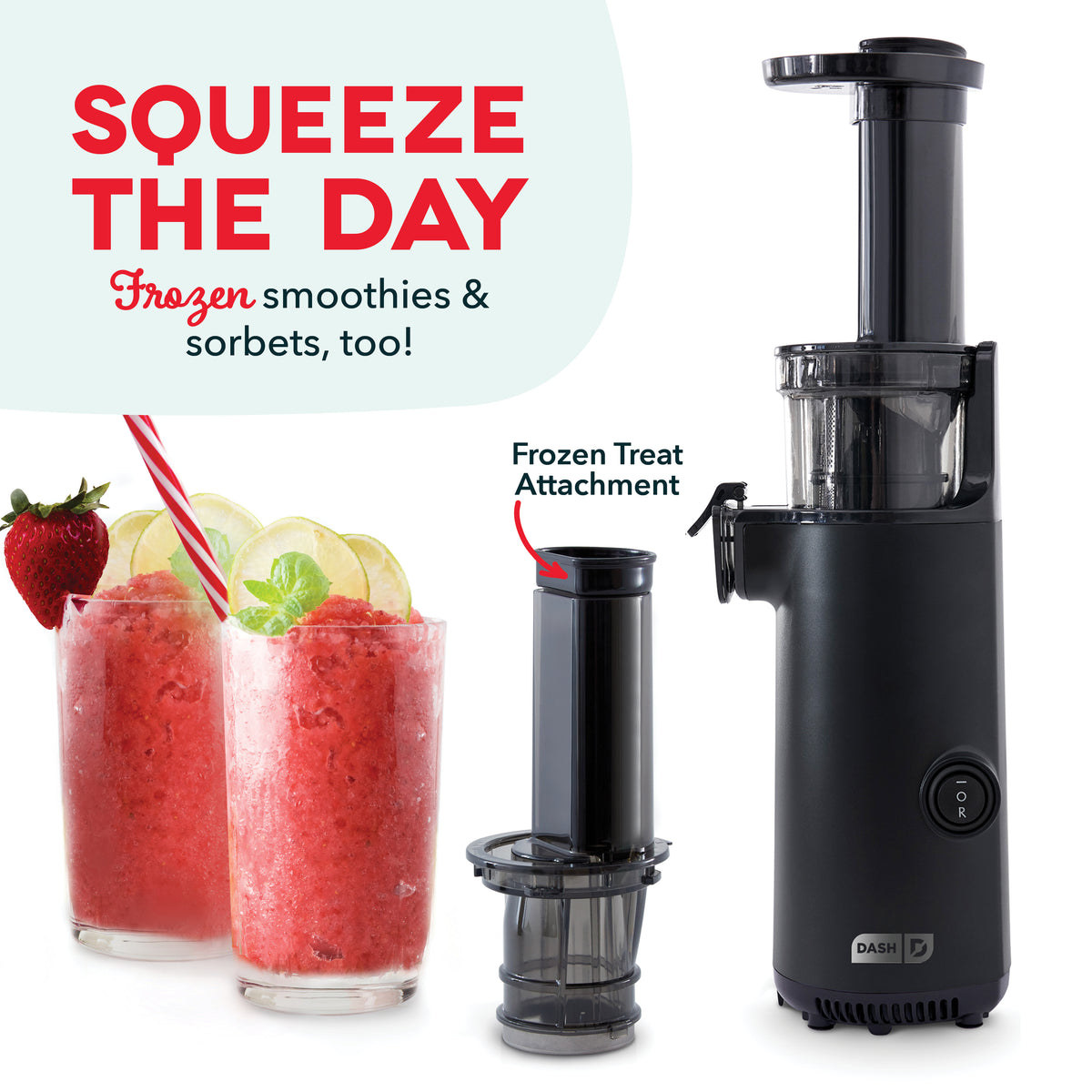 Black Dash cold press juicer with removable frozen treat attachment and clear juice collection cup.