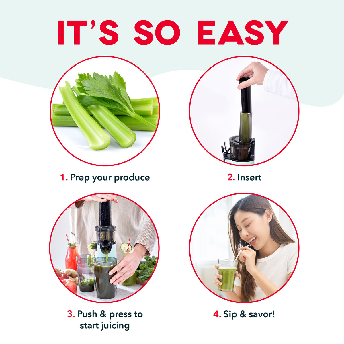 Black and white cold press juicer with instruction steps showing celery preparation, insertion, pressing, and drinking fresh 