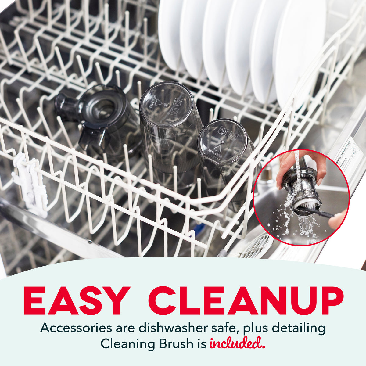 Juicer parts loaded in dishwasher rack with cleaning brush being rinsed under water.