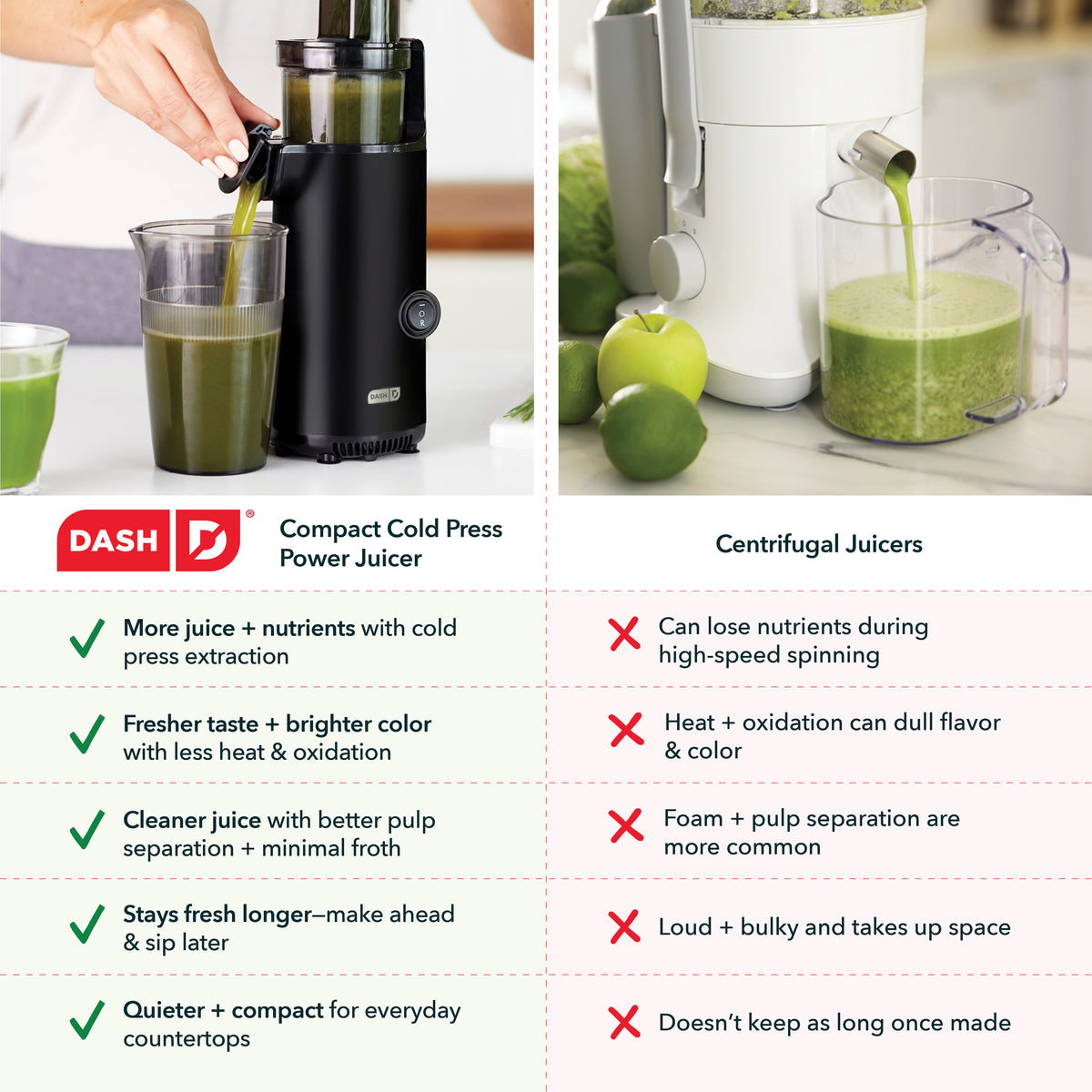 Black cold press juicer dispensing green juice into clear glass, with white juicer and fresh fruit shown on right.