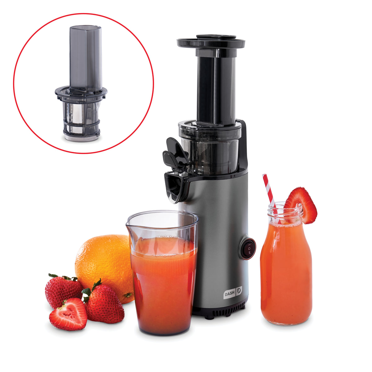 Compact cold press juicer with gray and black housing, shown with strawberries, oranges, and two glasses of fresh juice.