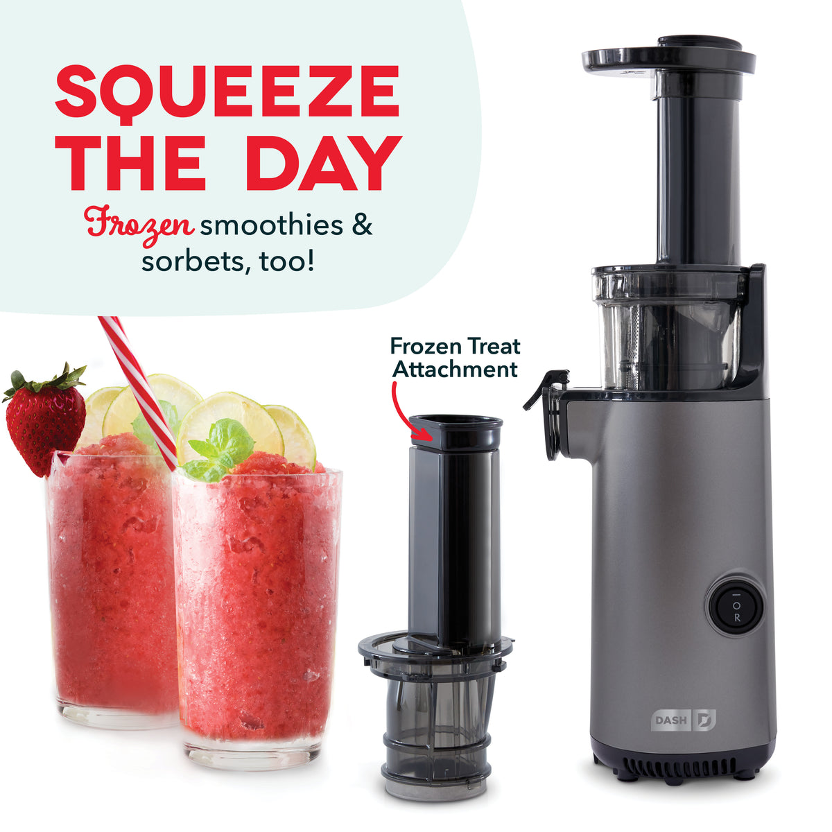 Gray and black cold press juicer with detachable frozen treat attachment and power button.