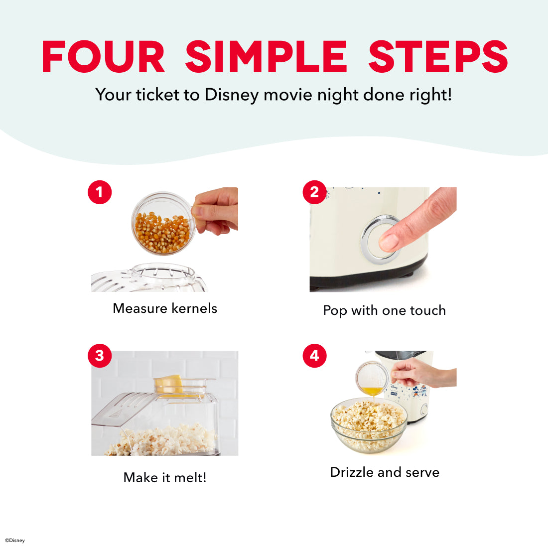 Popcorn maker instruction graphic showing four steps: measuring kernels, pressing button to pop, melting butter, and drizzlin