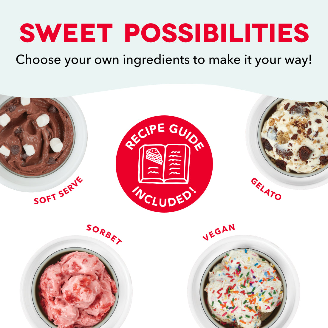 Packaging for ice cream maker showing four sample flavors: chocolate soft serve, gelato with mix-ins, pink sorbet, and vegan 