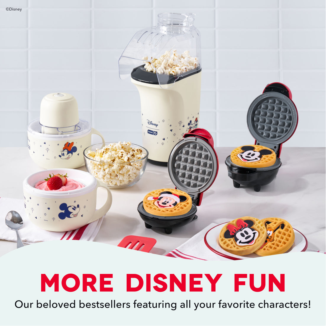 Disney kitchen appliance set including ice cream maker, popcorn machine, waffle makers, and serving mugs with character desig