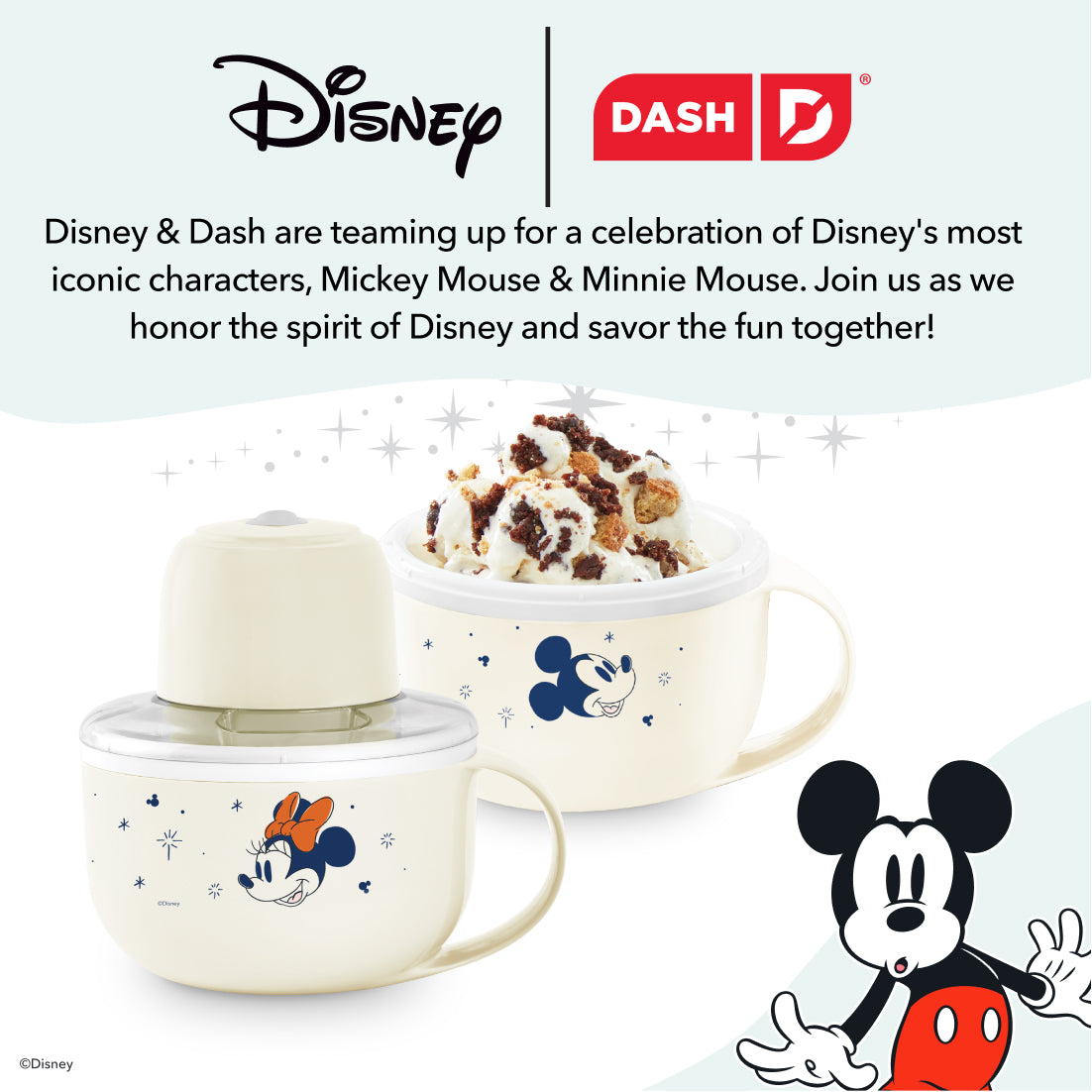 Two cream-colored ceramic mugs with Mickey and Minnie Mouse designs, one topped with a lid and filled with ice cream.