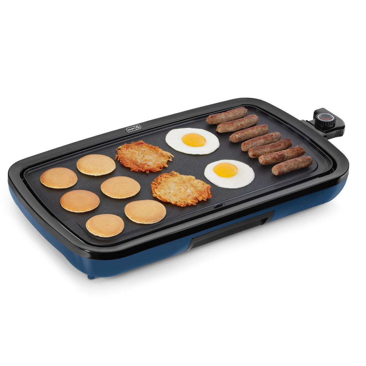 Black griddle with blue base cooking pancakes, hash browns, fried eggs, and sausages, with temperature control dial on right 