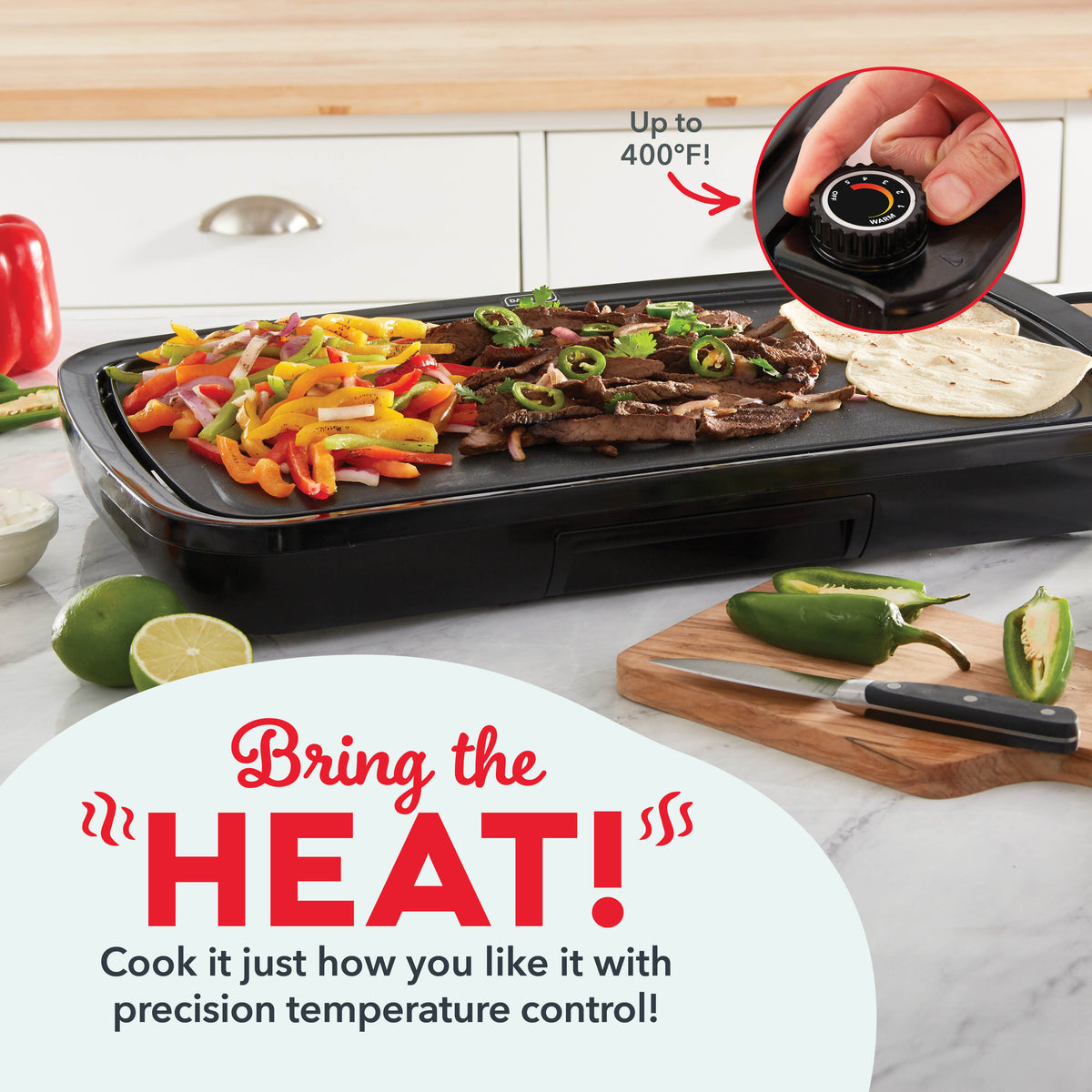 Black rectangular griddle with cooked peppers, meat, and tortillas, featuring a temperature control dial visible in close-up 
