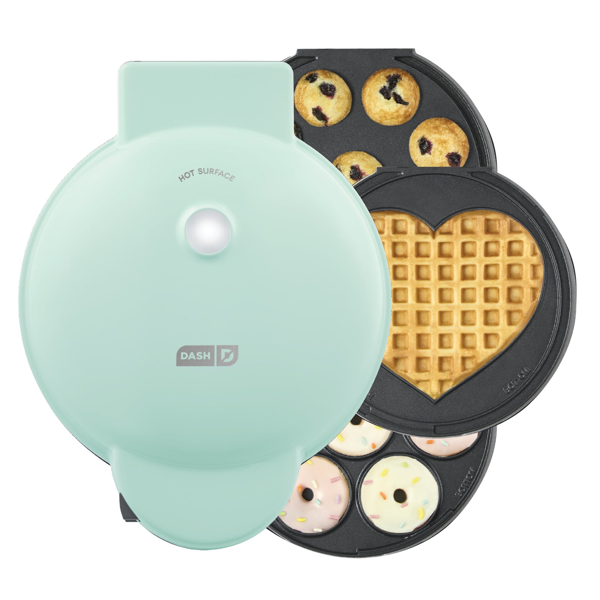 MultiMaker™ Treat Maker System: Mini Donut, Mini Cupcake, Heart Waffle Waffle Maker Dash Aqua  