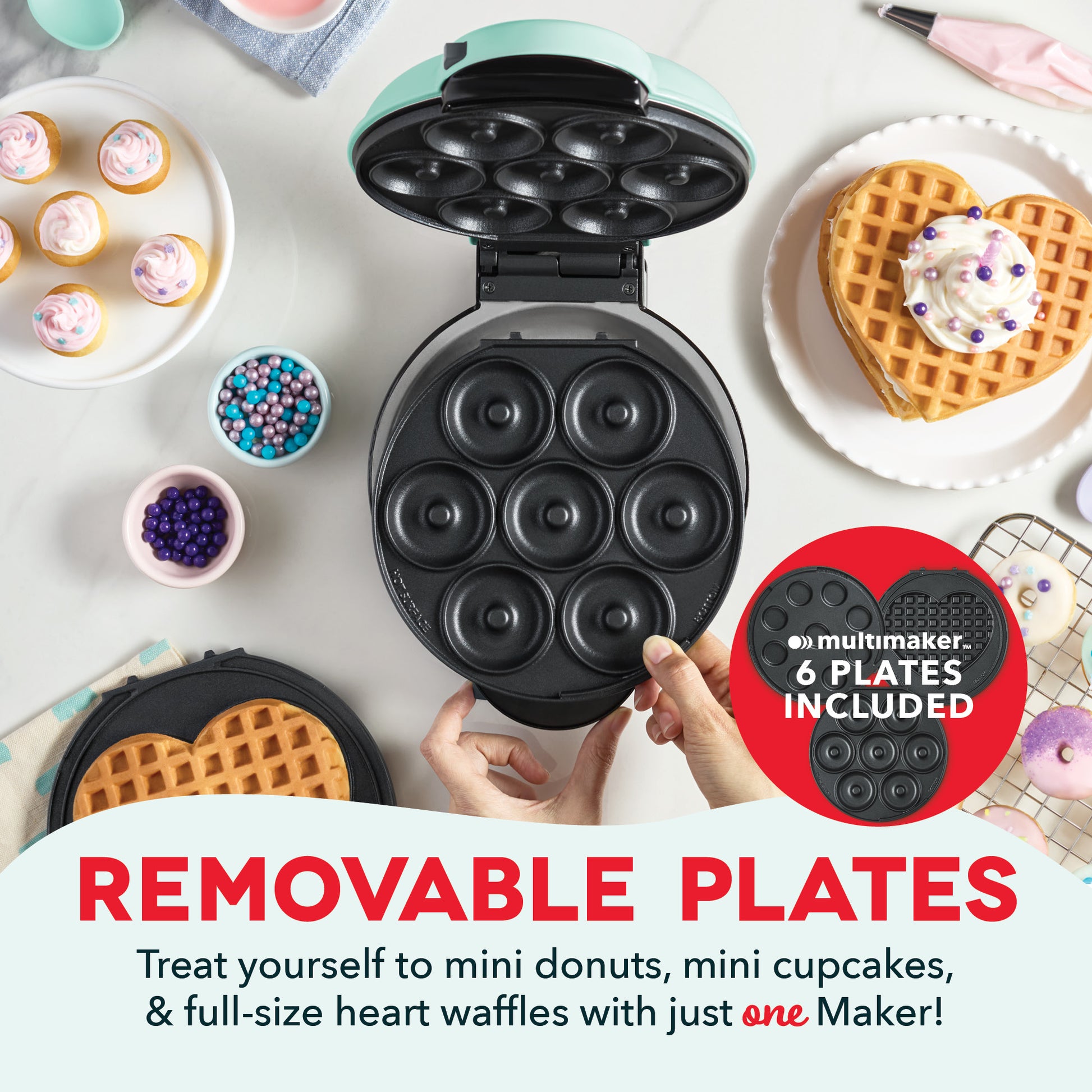 MultiMaker™ Treat Maker System: Mini Donut, Mini Cupcake, Heart Waffle Waffle Maker Dash   