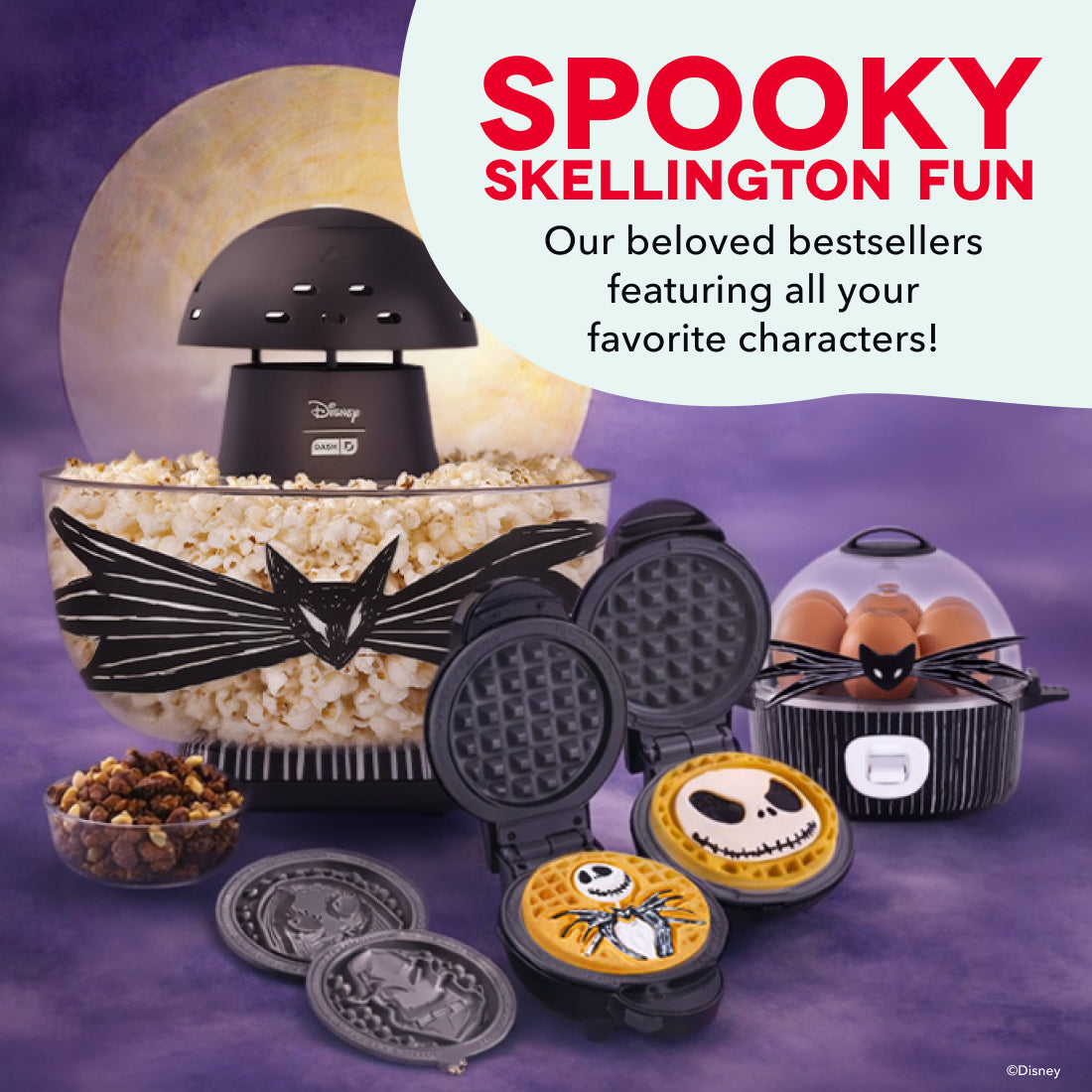 Black and yellow Disney character-themed waffle maker, popcorn maker, and egg cooker with interchangeable plates on purple ba