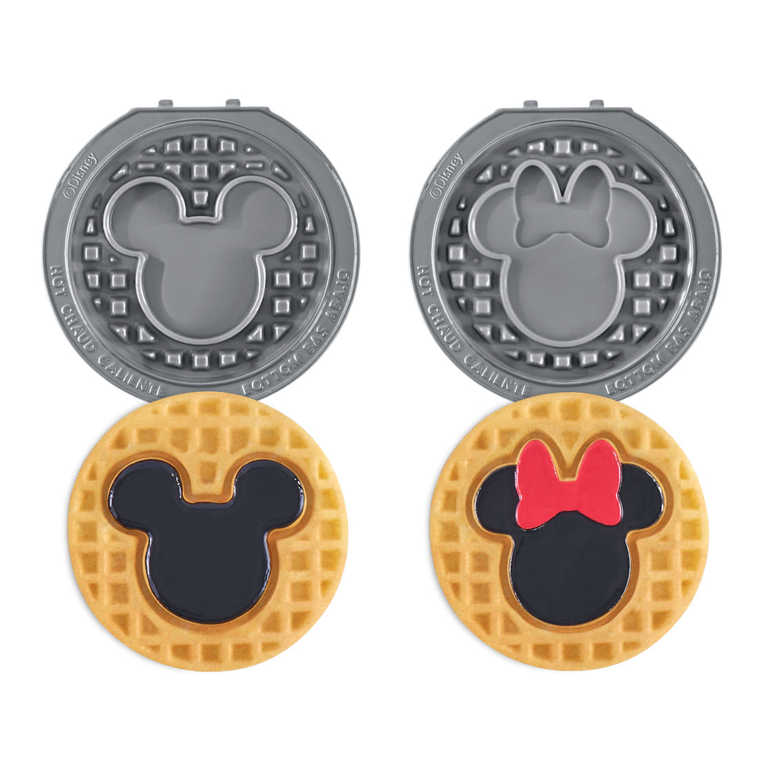 Two gray waffle plates with Mickey and Minnie Mouse head shapes and two cooked waffles with matching character designs.