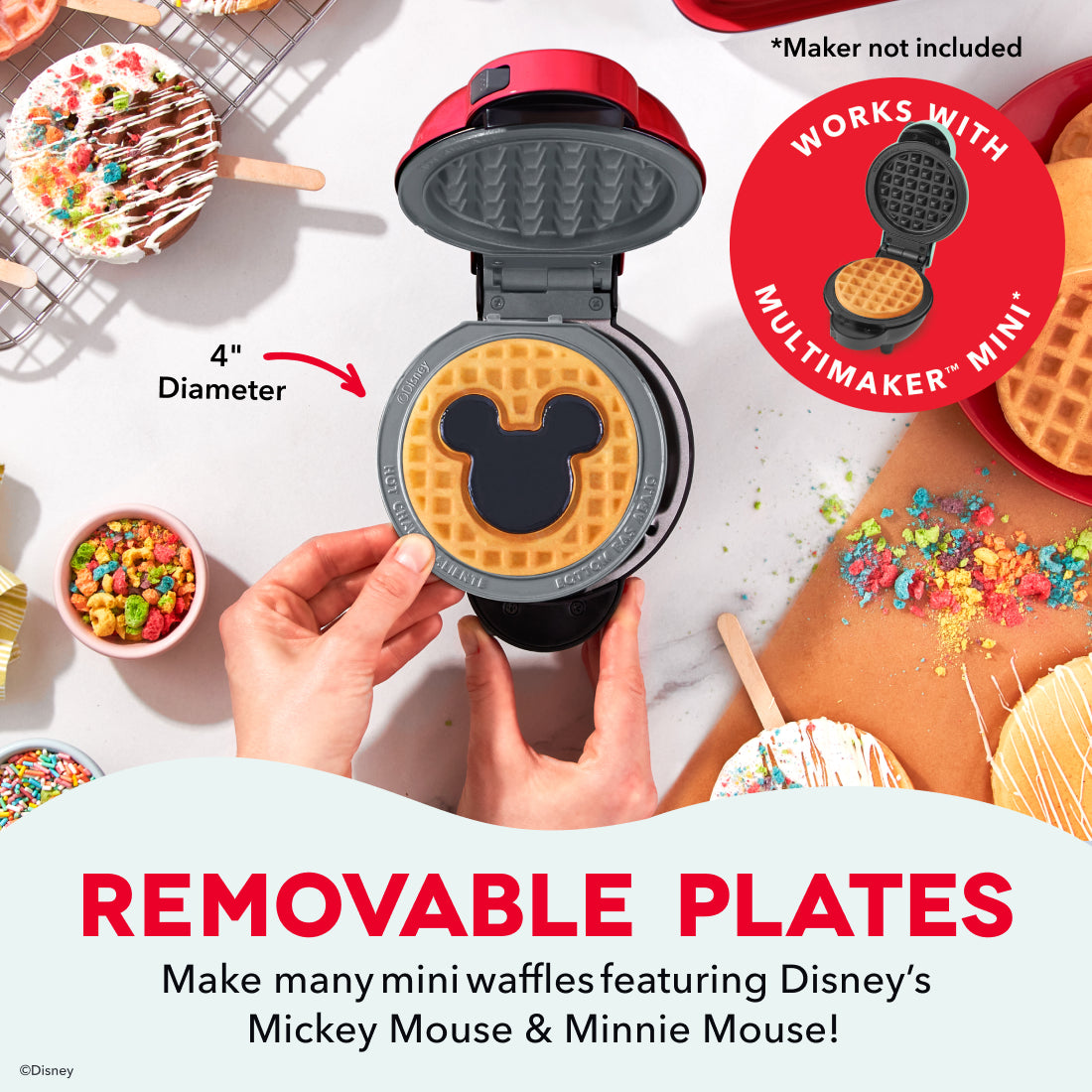Interchangeable waffle maker plates with Mickey Mouse and waffle grid designs, 4 inches in diameter, displayed in red and bla