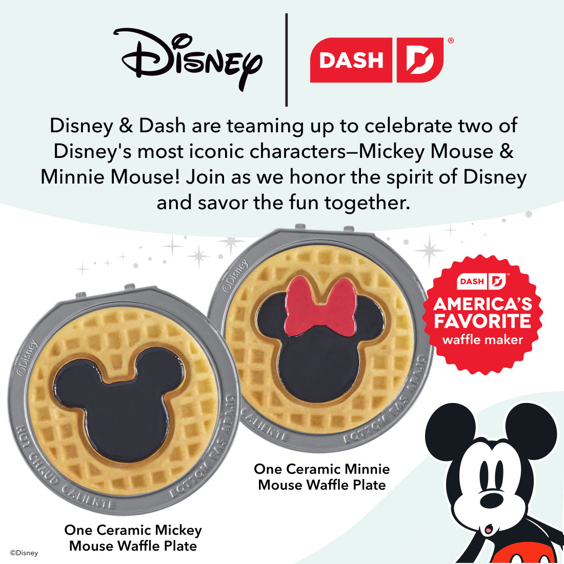 Two ceramic waffle plates with Mickey and Minnie Mouse designs and gray outer rings.