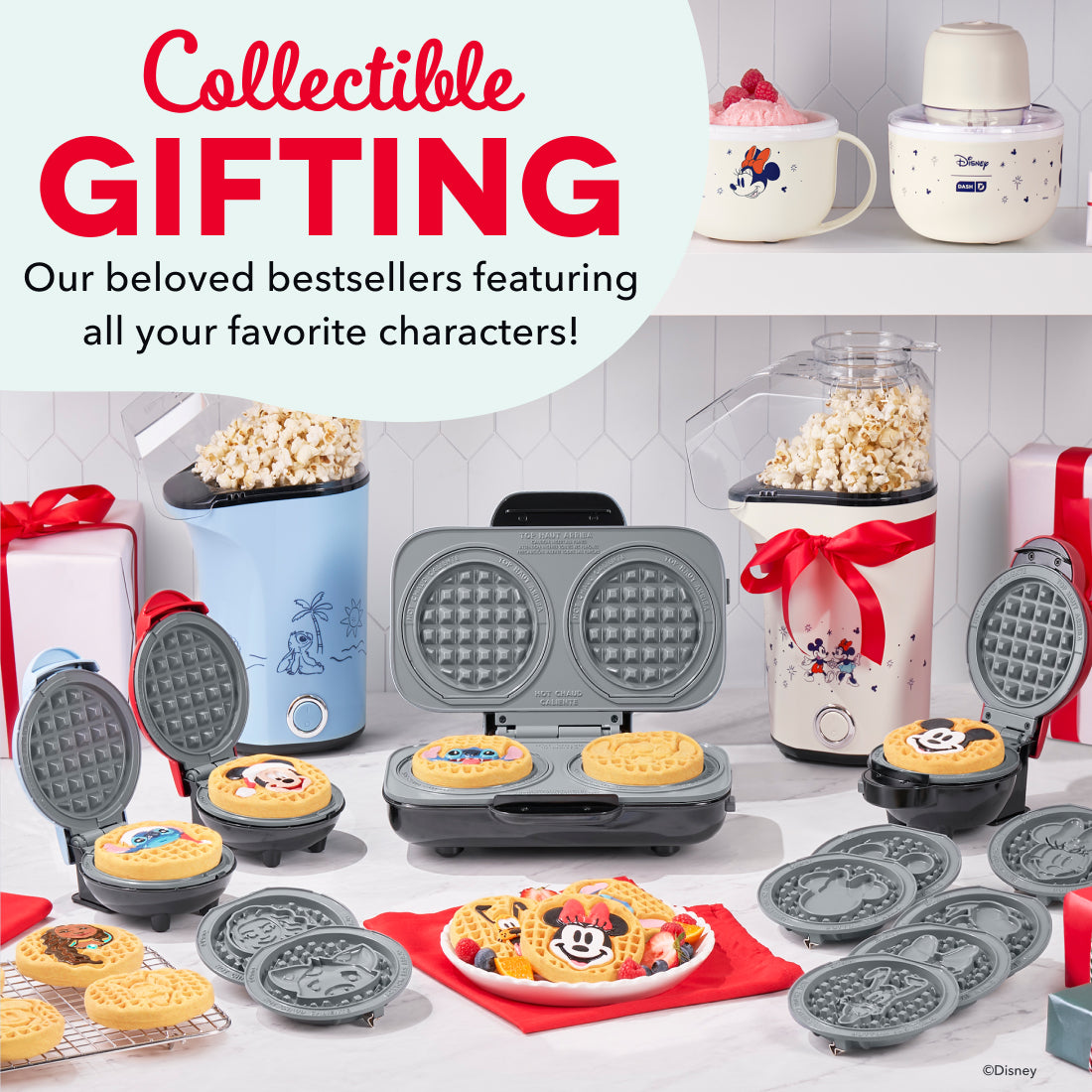 MultiMaker Mini System with multiple waffle maker units, removable waffle plates, and character-themed popcorn makers display