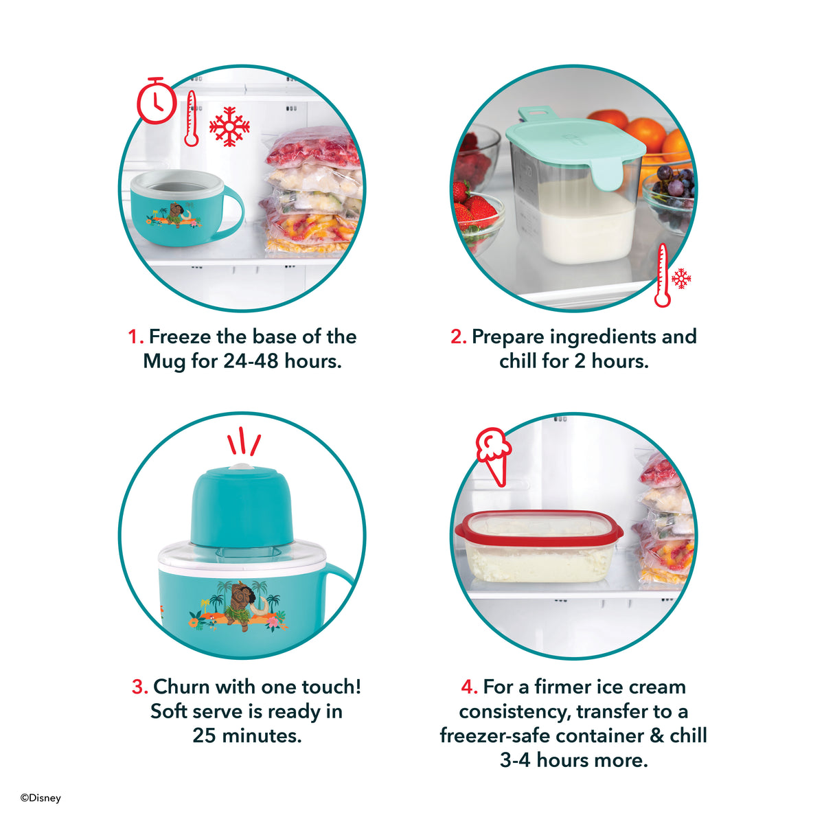 Turquoise ice cream maker mug with illustrated fruit design shown in four-step instructional diagram demonstrating freezing, 