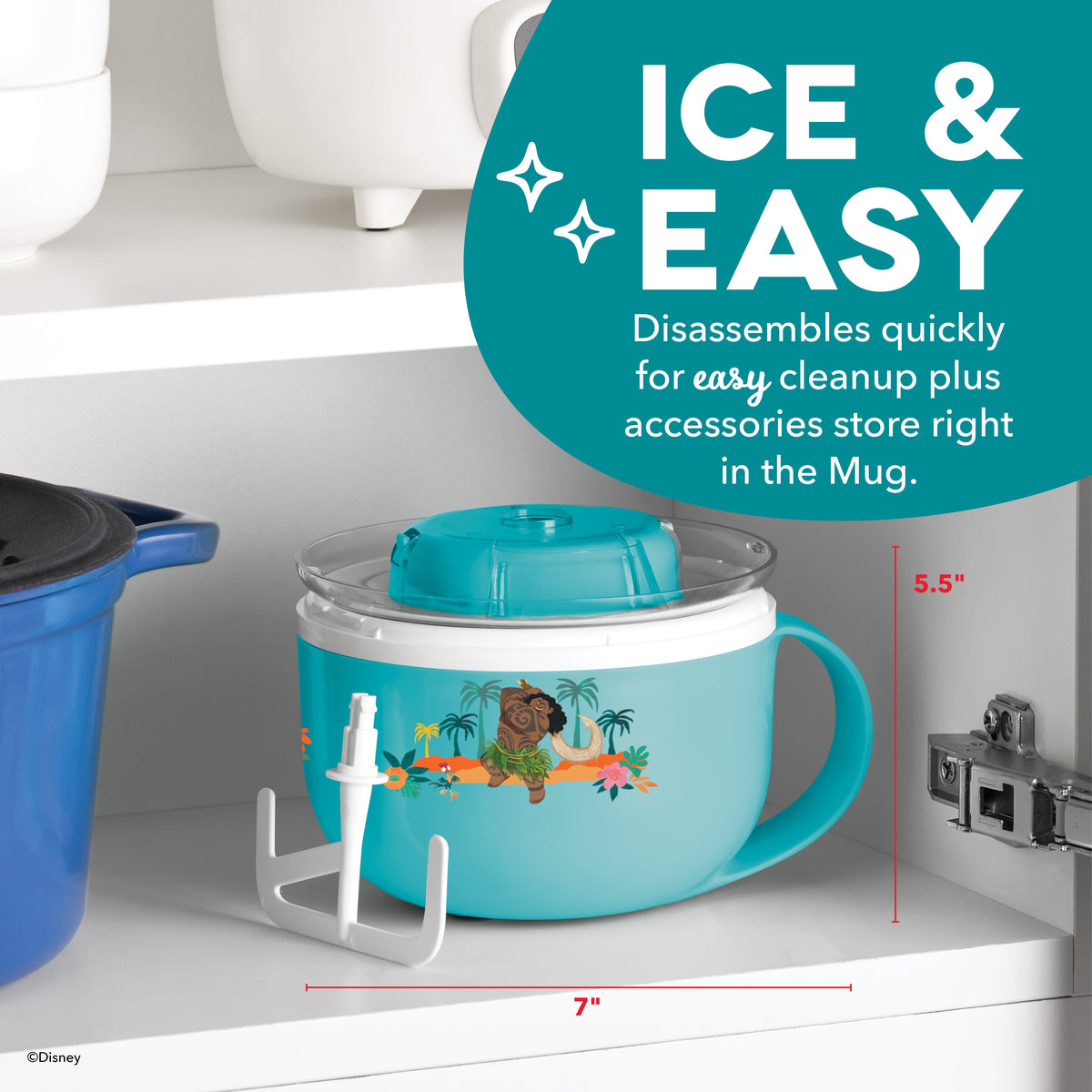 Turquoise mug-shaped ice cream maker with white lid, handle, and churning paddle, displayed on a shelf.