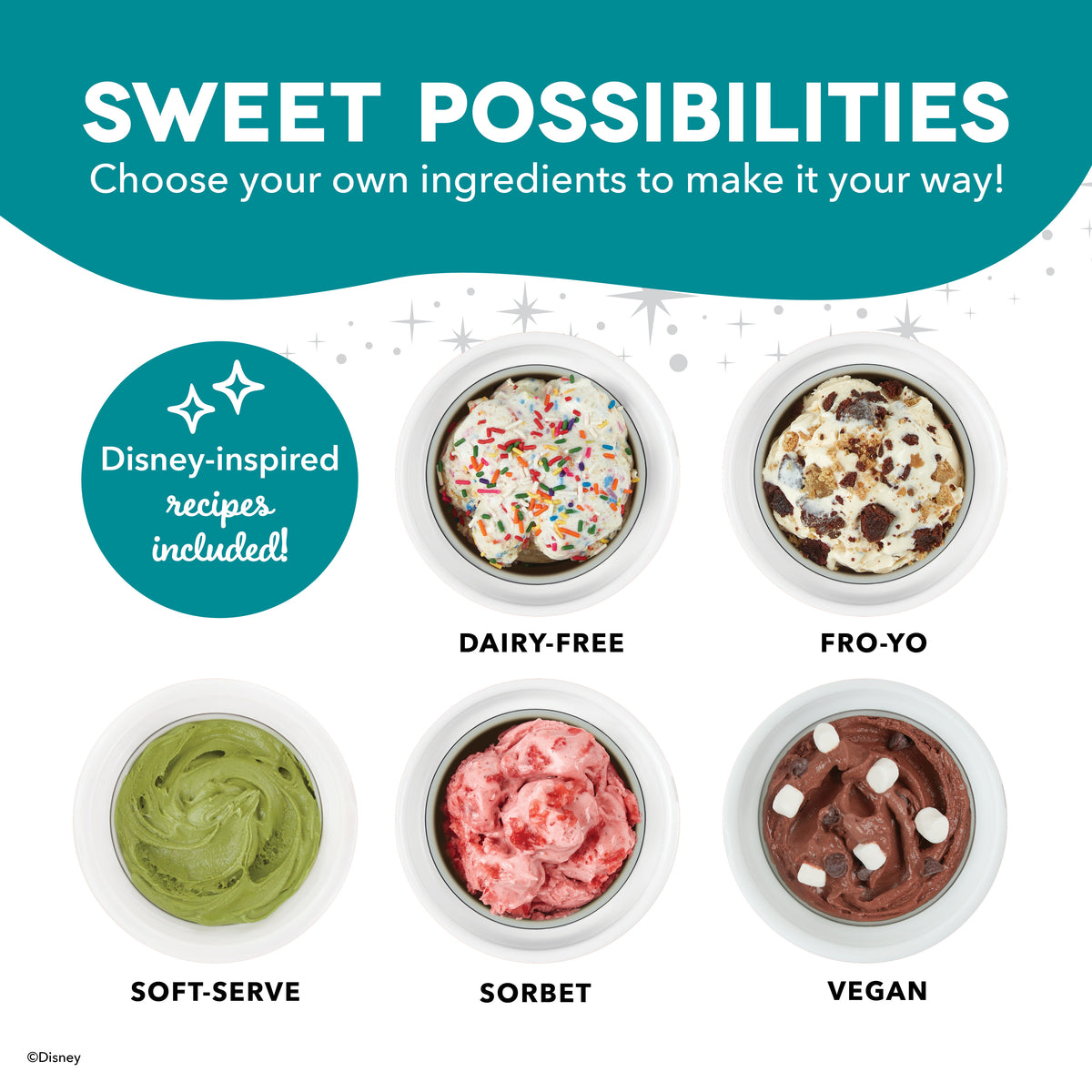 Six bowls of ice cream and frozen desserts labeled dairy-free, fro-yo, soft-serve, sorbet, and vegan with text about Disney-i