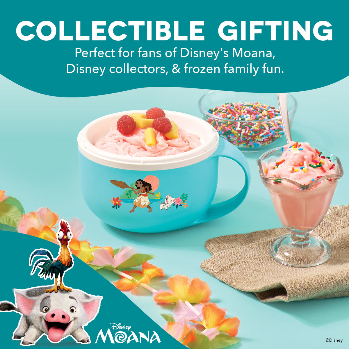 Turquoise mug-shaped ice cream maker with Disney's Moana characters, filled with pink ice cream and topped with raspberries a