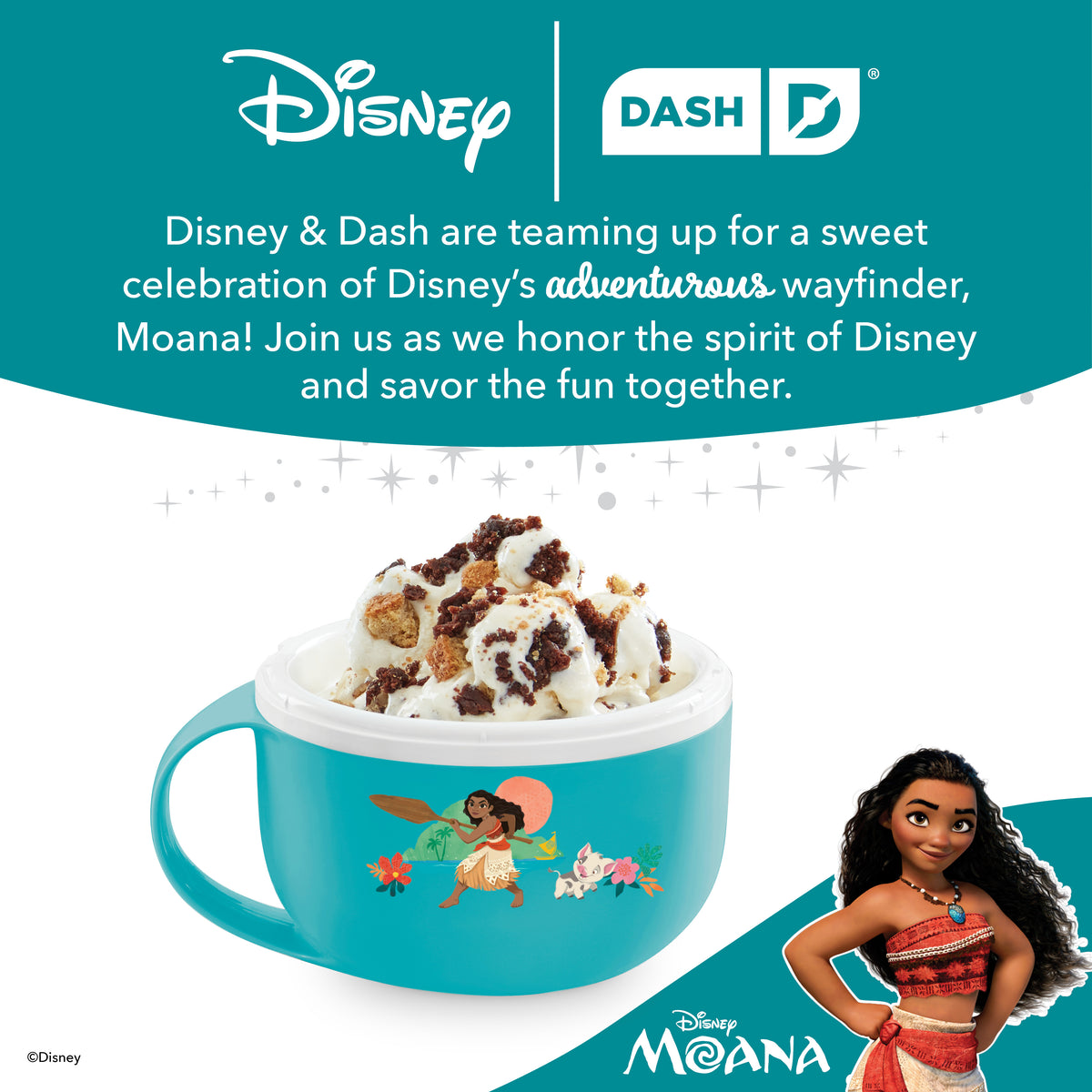 Turquoise mug-style ice cream maker with Moana character illustration and white lid filled with ice cream and toppings.