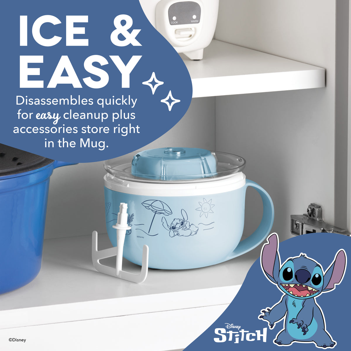 Light blue mug-shaped ice cream maker with blue lid, white handles, and Stitch character design, shown with removable paddle 