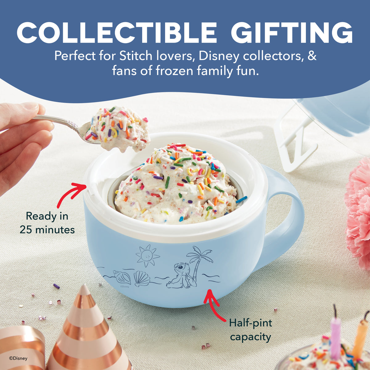 Light blue mug-style ice cream maker with Disney character illustrations, containing vanilla ice cream topped with colorful s