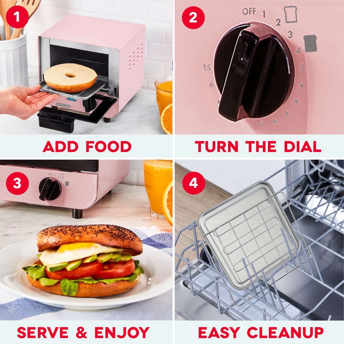 Pink mini toaster oven with black dial controls and removable crumb tray.
