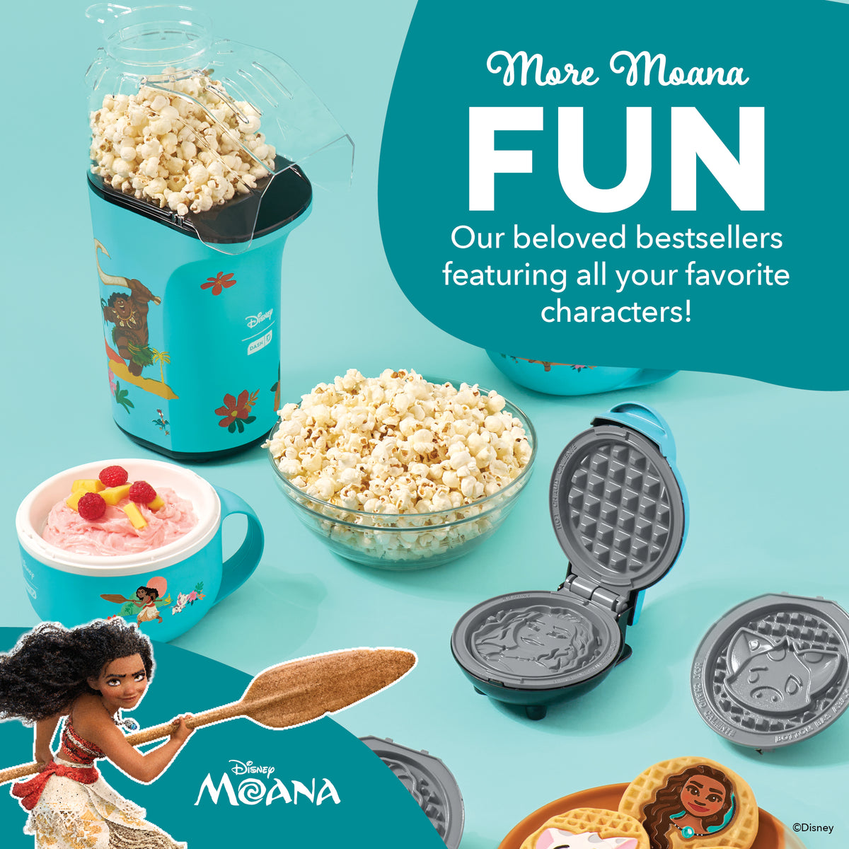Turquoise ice cream maker, popcorn machine, waffle maker, and mug with Disney Moana characters and designs.