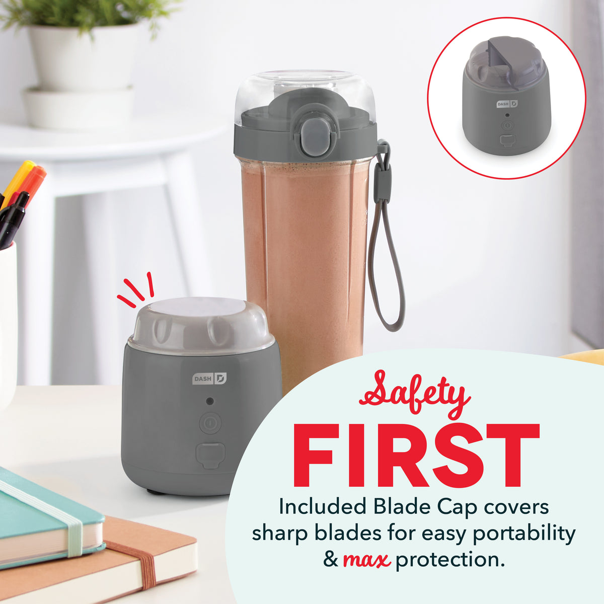 Compact blender with gray base, clear pitcher lid, tan blending jar with handle strap, and detachable gray blade cap shown se