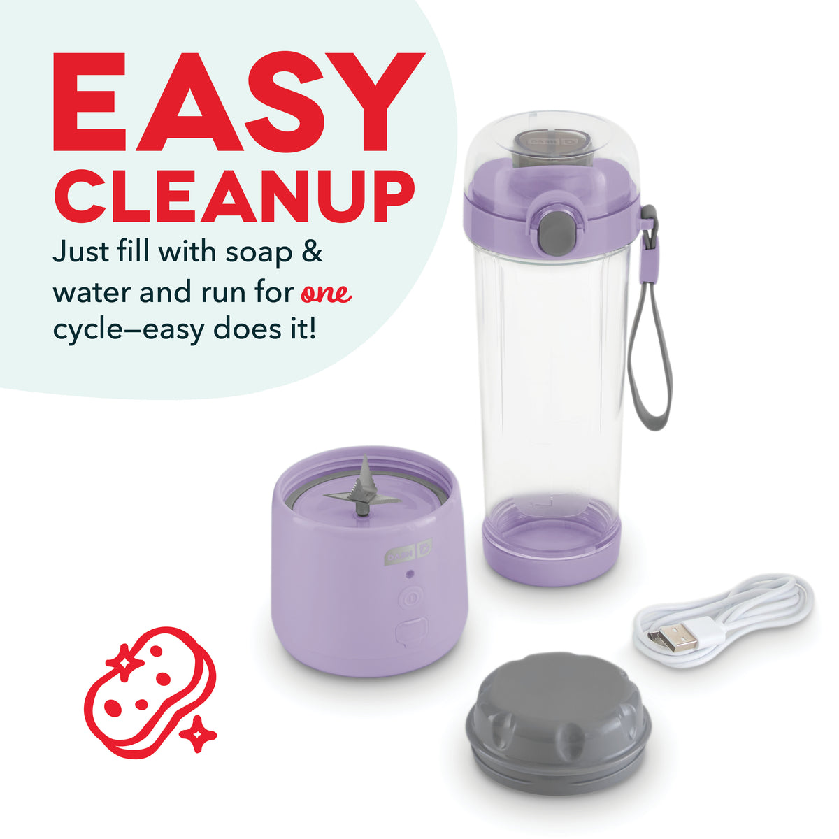 Purple portable blender with clear pitcher, removable base, charging cable, and gray storage lid.