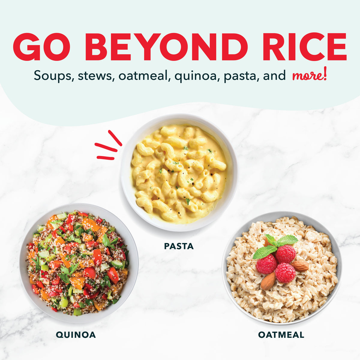 Three white bowls containing cooked pasta, quinoa, and oatmeal with toppings on marble surface.